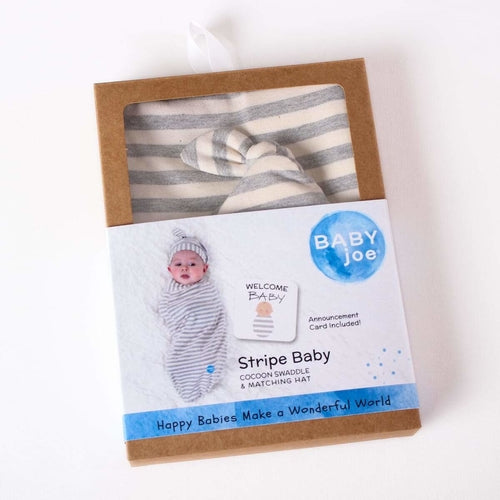 Stripe Baby Cocoon Swaddle Set | BABYjoe | With Headpiece & Announcement Card